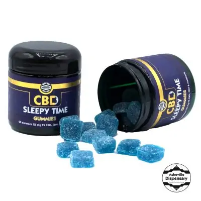 CBD Sleep Gummies "Sleepy Time" from Asheville Dispensary Flavor: Blue Raspberry 20mg CBD, 3mg CBN, 2mg Melatonin